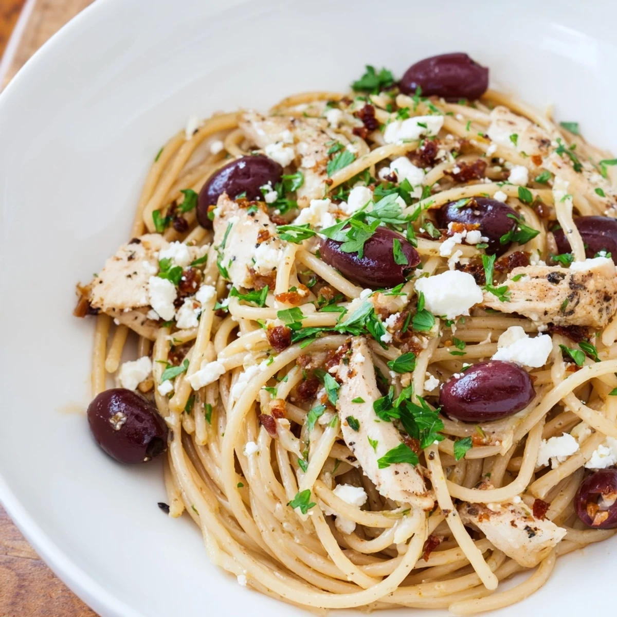 Juicy grilled chicken, cherry tomatoes, and briny Kalamata olives tossed with spaghetti in a Greek-inspired skillet.  