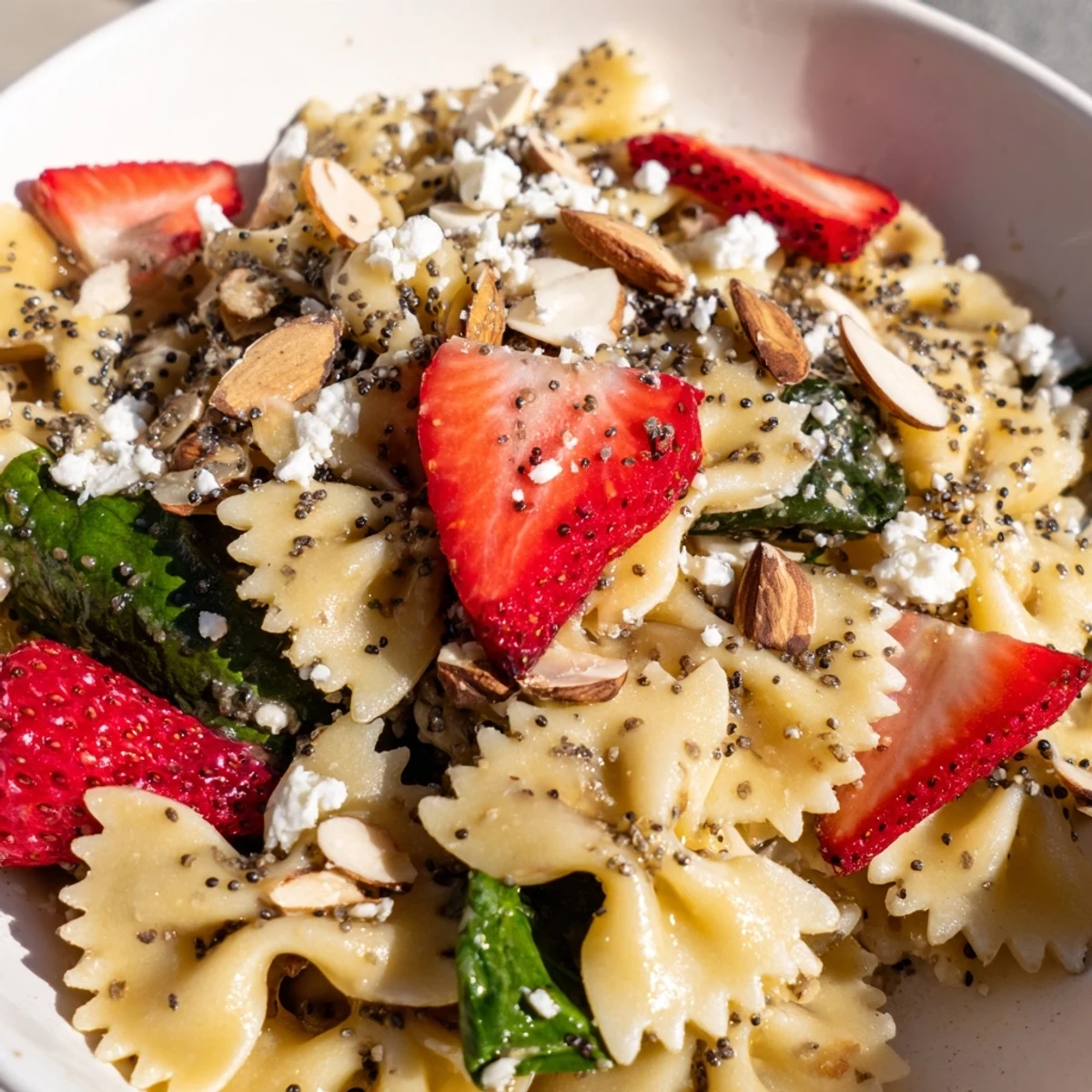 Bright green spinach leaves, sliced sweet strawberries, and bow-tie pasta tossed in a creamy poppy seed dressing for a fresh spring pasta salad.
