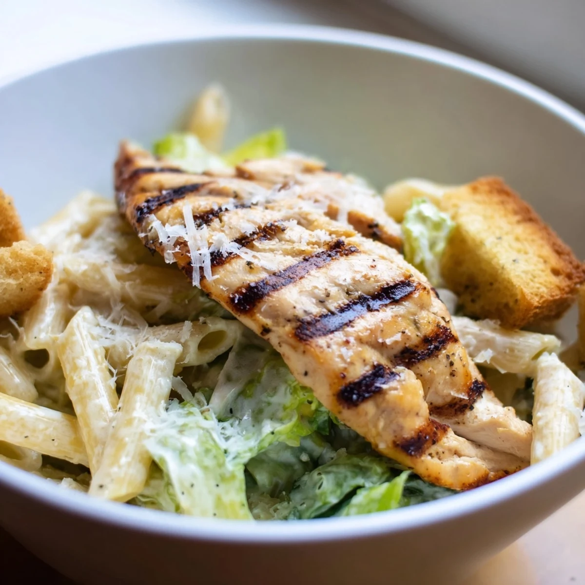 A hearty Caesar Pasta Chicken Bowl served warm, garnished with black pepper and ready for a satisfying family dinner.