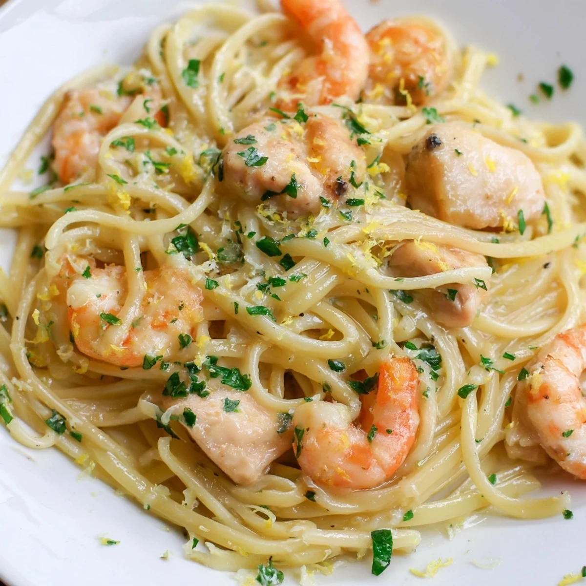 A close-up of the sizzling Lemon Garlic Shrimp & Chicken Pasta reveals tender bites of chicken and shrimp nestled in al dente noodles, with a warm, garlicky aroma wafting from the skillet.