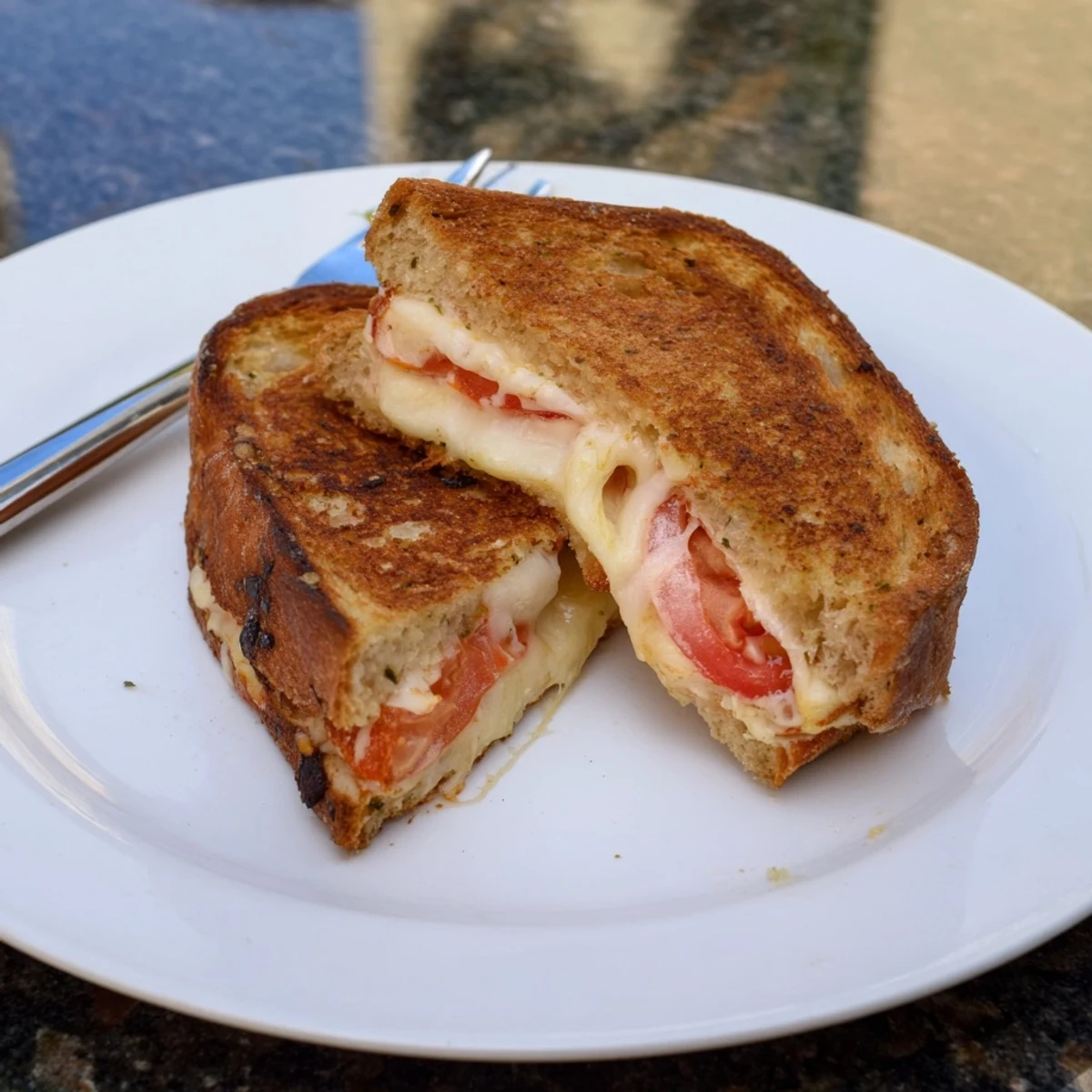 Golden-brown jalapeño-studded bread cradles melted pepper jack cheese and ripe tomato slices, creating a spicy grilled cheese sandwich.