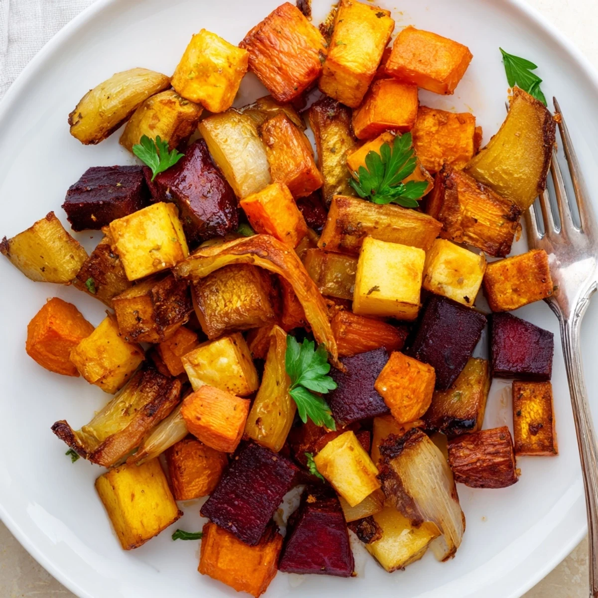 Vibrant Roasted Root Vegetable Medley, caramelized and tender, a perfect holiday side dish.