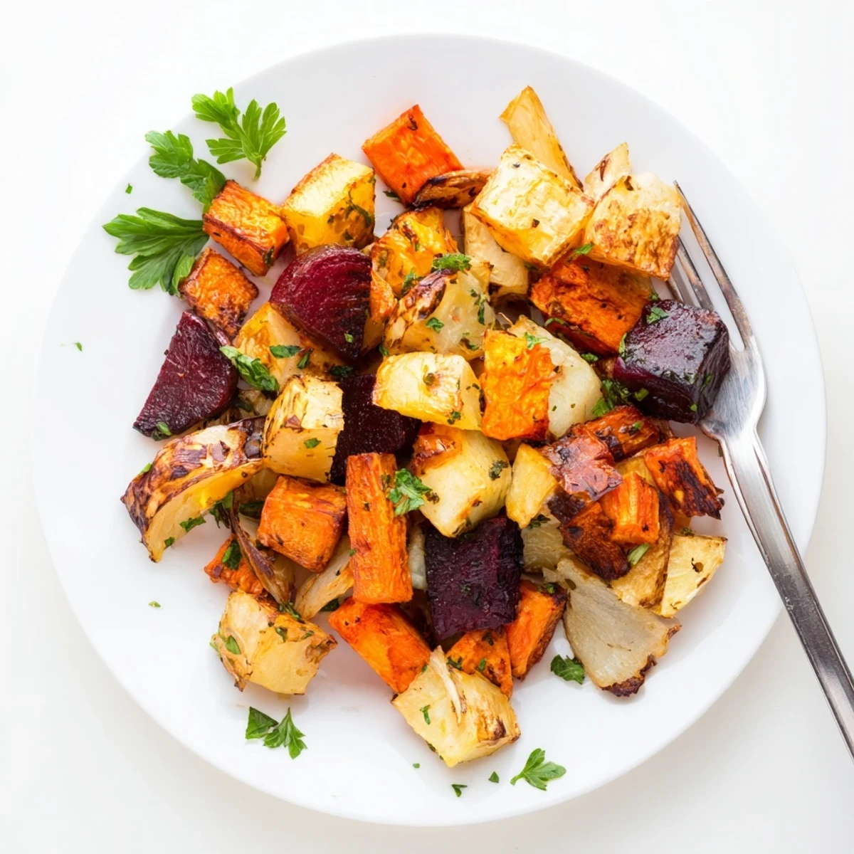 Colorful Roasted Root Vegetable Medley with herbs, a healthy and naturally sweet vegetarian delight.