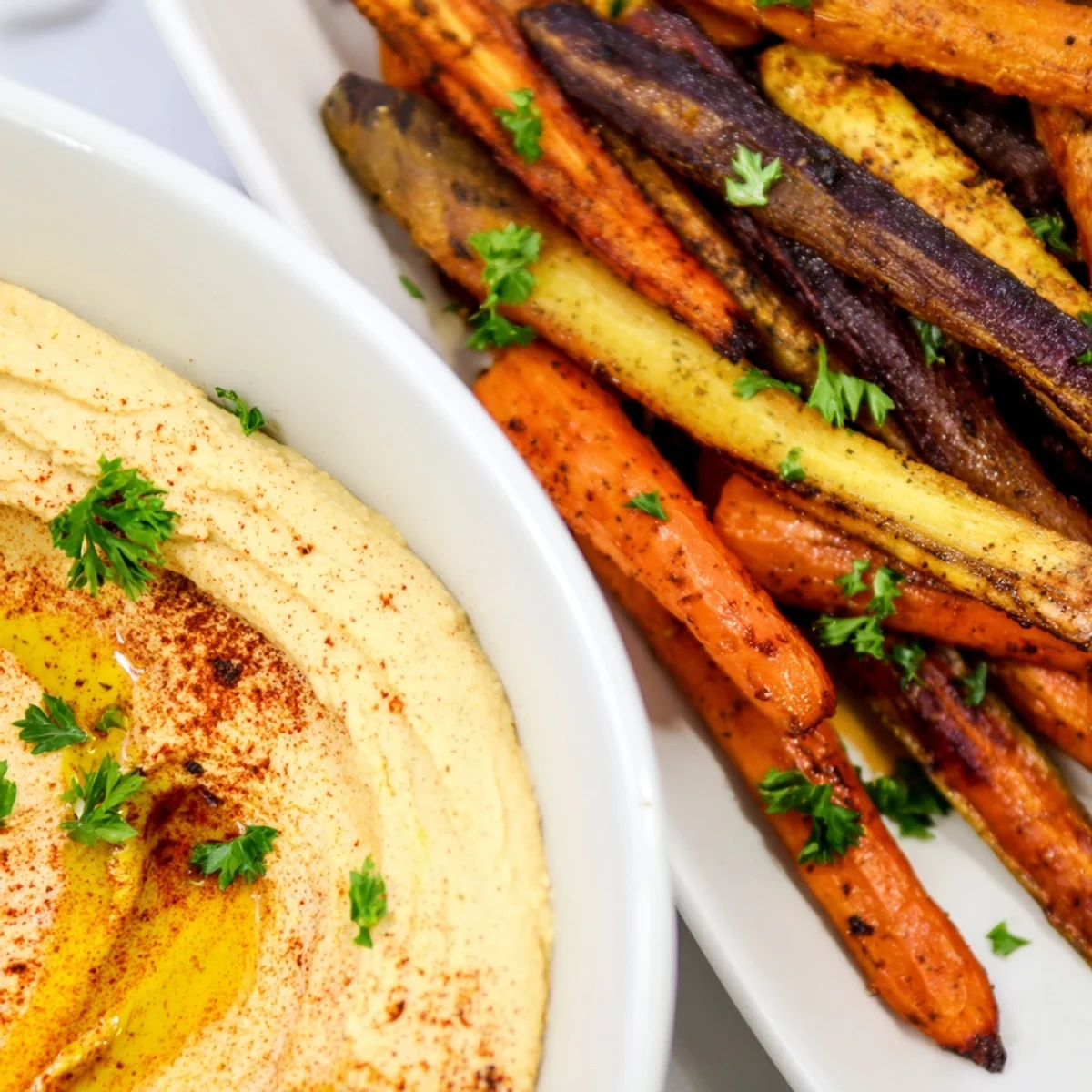 Oven-roasted rainbow carrots, tender and caramelized, served alongside a bowl of homemade hummus on a rustic wooden table.