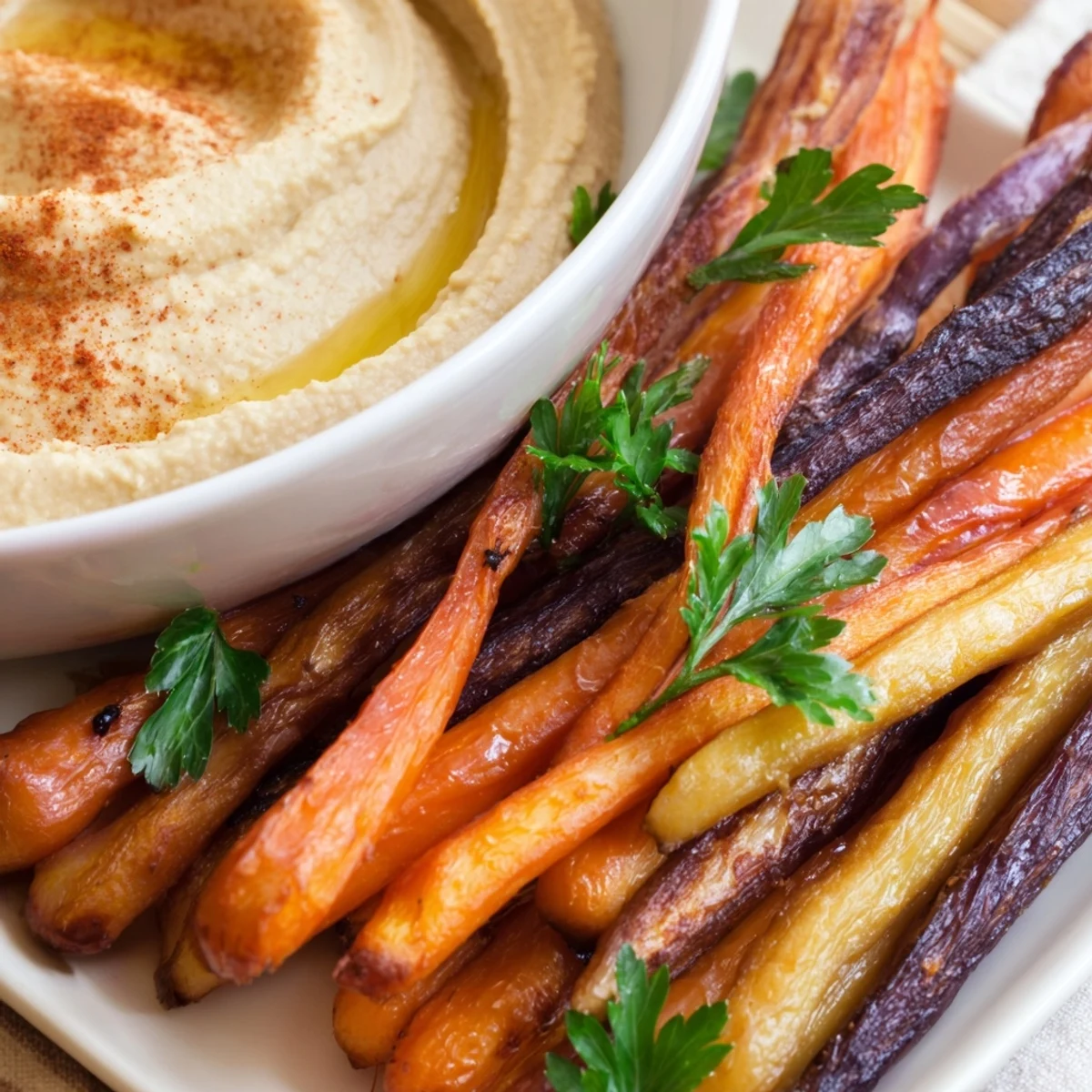 A vibrant platter of roasted rainbow carrots with creamy tahini hummus, garnished with paprika and parsley for a healthy appetizer.