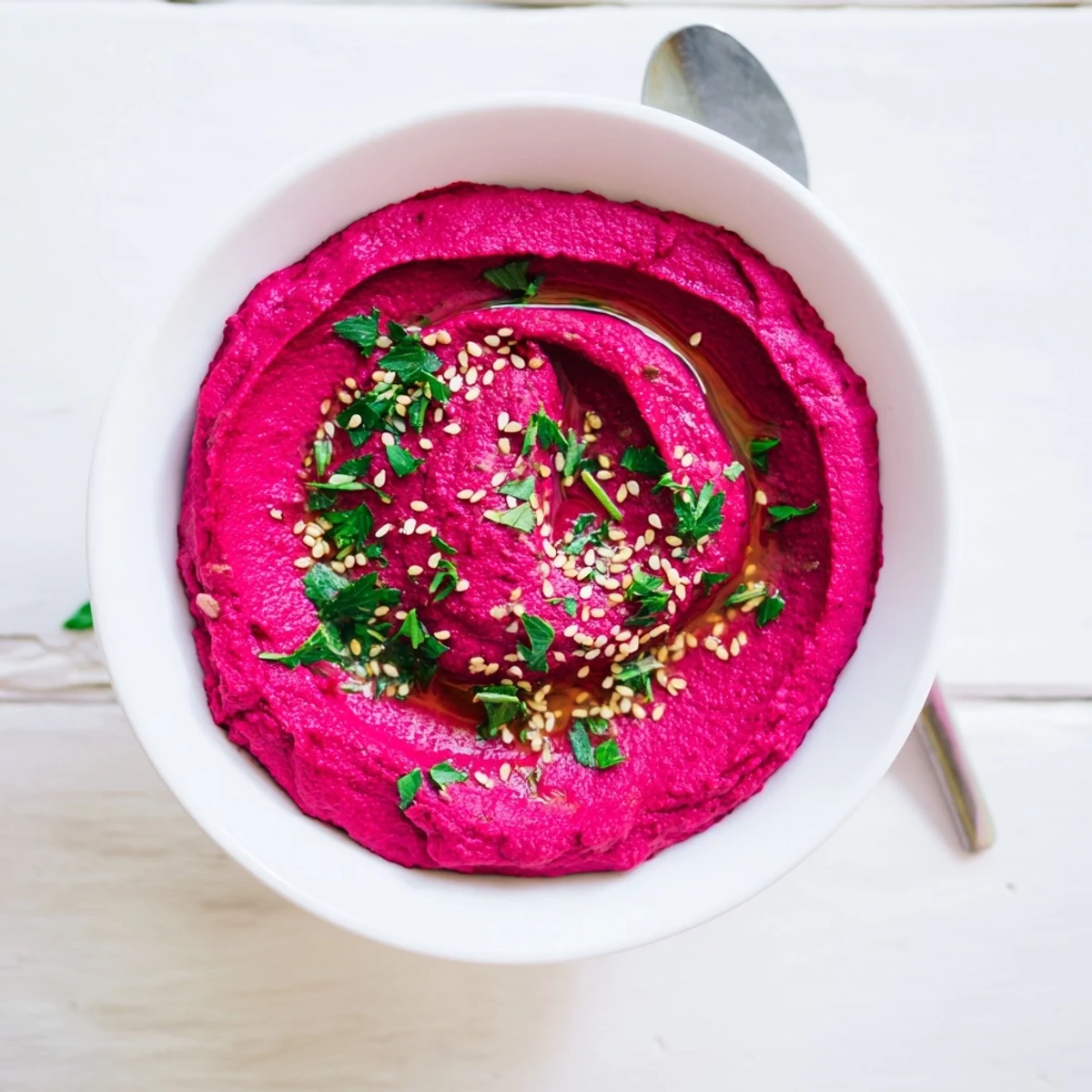 Creamy, magenta Roasted Beet Hummus with a swirl of olive oil and parsley, ready for pita chips or a fresh snack.  