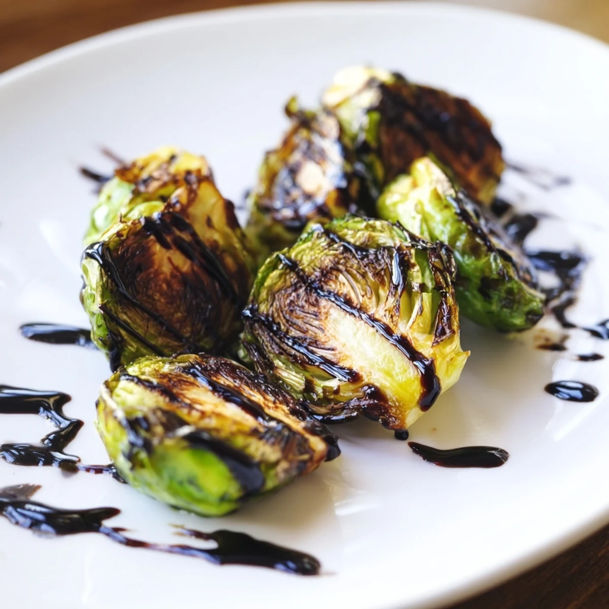 Freshly roasted Brussels sprouts drizzled with sweet balsamic glaze, served warm as a vegetarian side.  