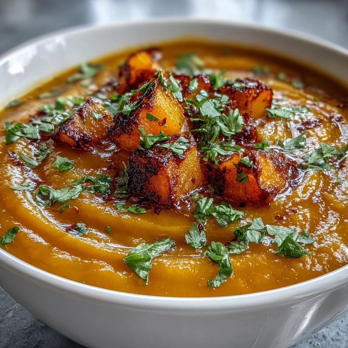 Creamy golden Butternut Squash and Lentil Soup in a rustic bowl, garnished with fresh cilantro and served alongside warm naan.