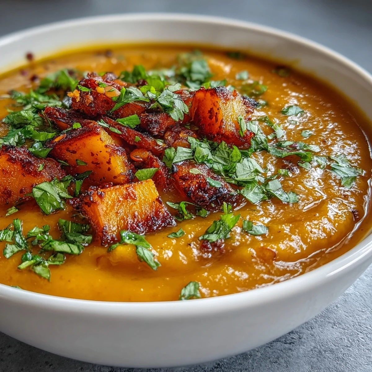 Spiced Butternut Squash and Lentil Soup steaming in a white bowl, featuring a vibrant orange hue and a swirl of olive oil.