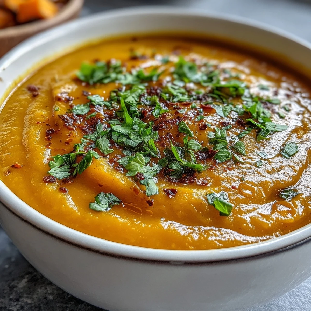 Hearty vegan Butternut Squash and Lentil Soup in a dark stoneware mug, ready to enjoy on a cozy, cool autumn day.