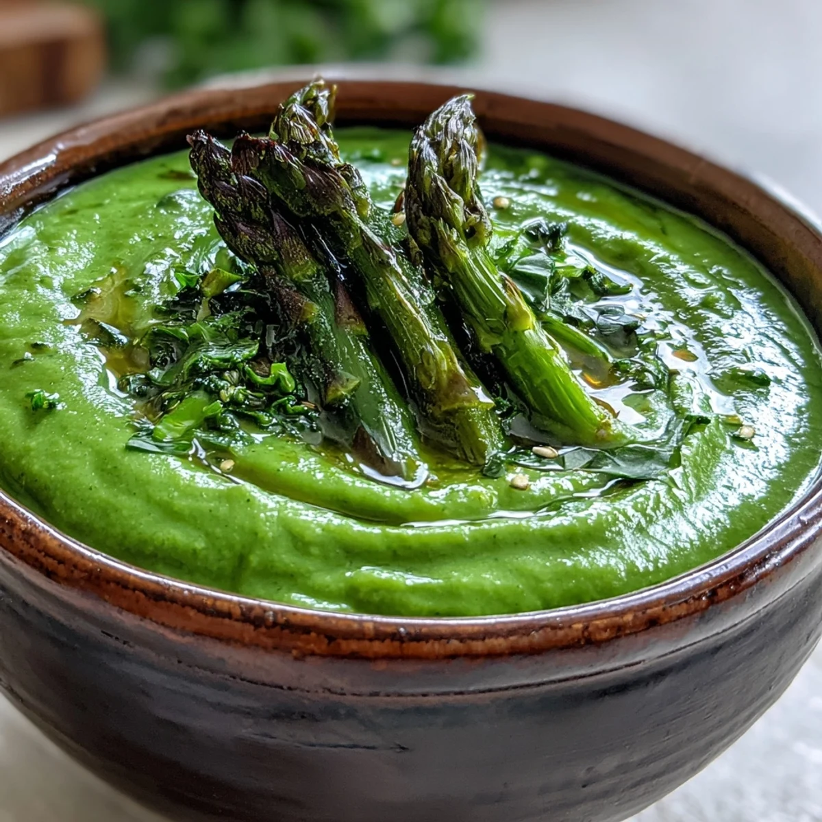Creamy green Big Green Immunity-Boosting Vegetable Soup with spinach and broccoli, blended silky smooth and served in a rustic bowl.