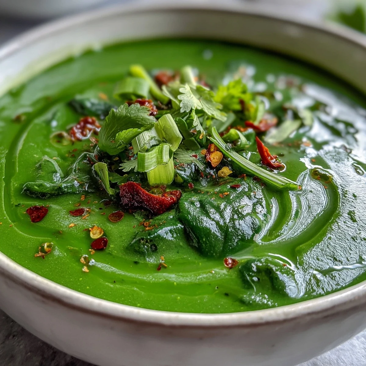 A pot of vibrant green Spinach Coriander Lemongrass Soup with an immersion blender ready to create a silky, creamy texture.