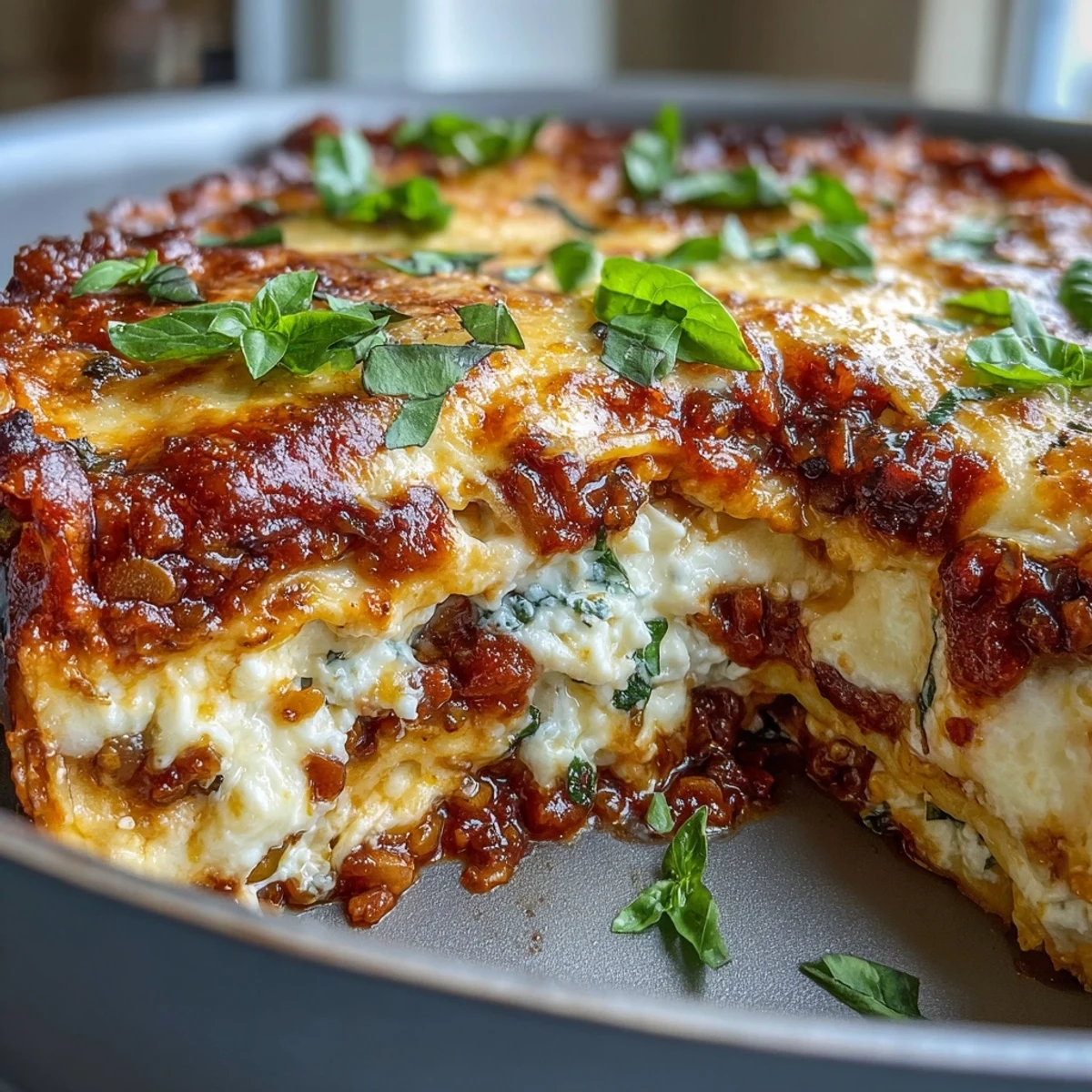 Smoky vegetable bolognese and ricotta folded into no-boil noodles for an easy One-Pan Smoky Veggie Lentil Lasagne.