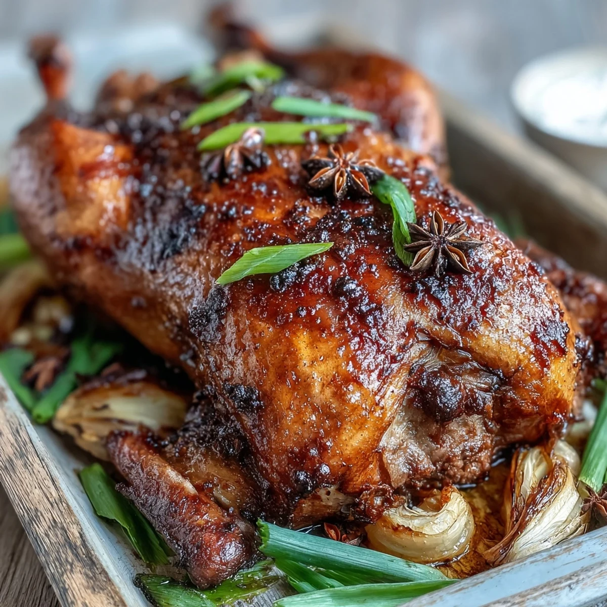 Golden-brown Five-Spice Roast Ducks with crisp skin, served with orange wedges and fresh scallions on a platter.
