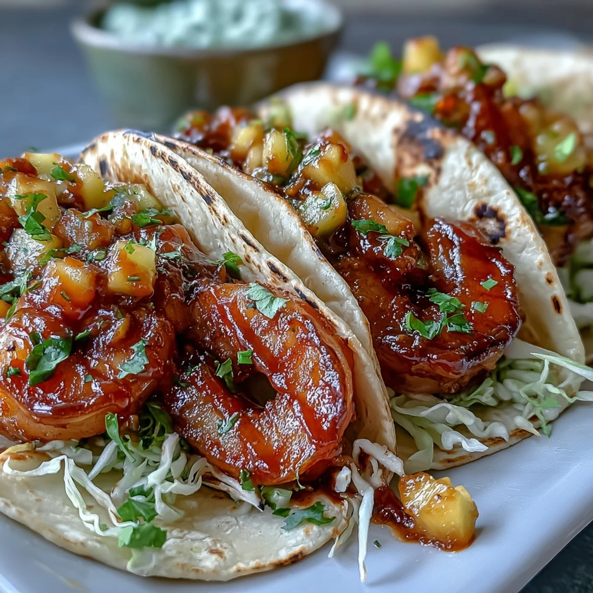 Four warm corn tortillas filled with pink Sriracha Shrimp Tacos with Mango Salsa, topped with bright red cabbage and fresh cilantro.