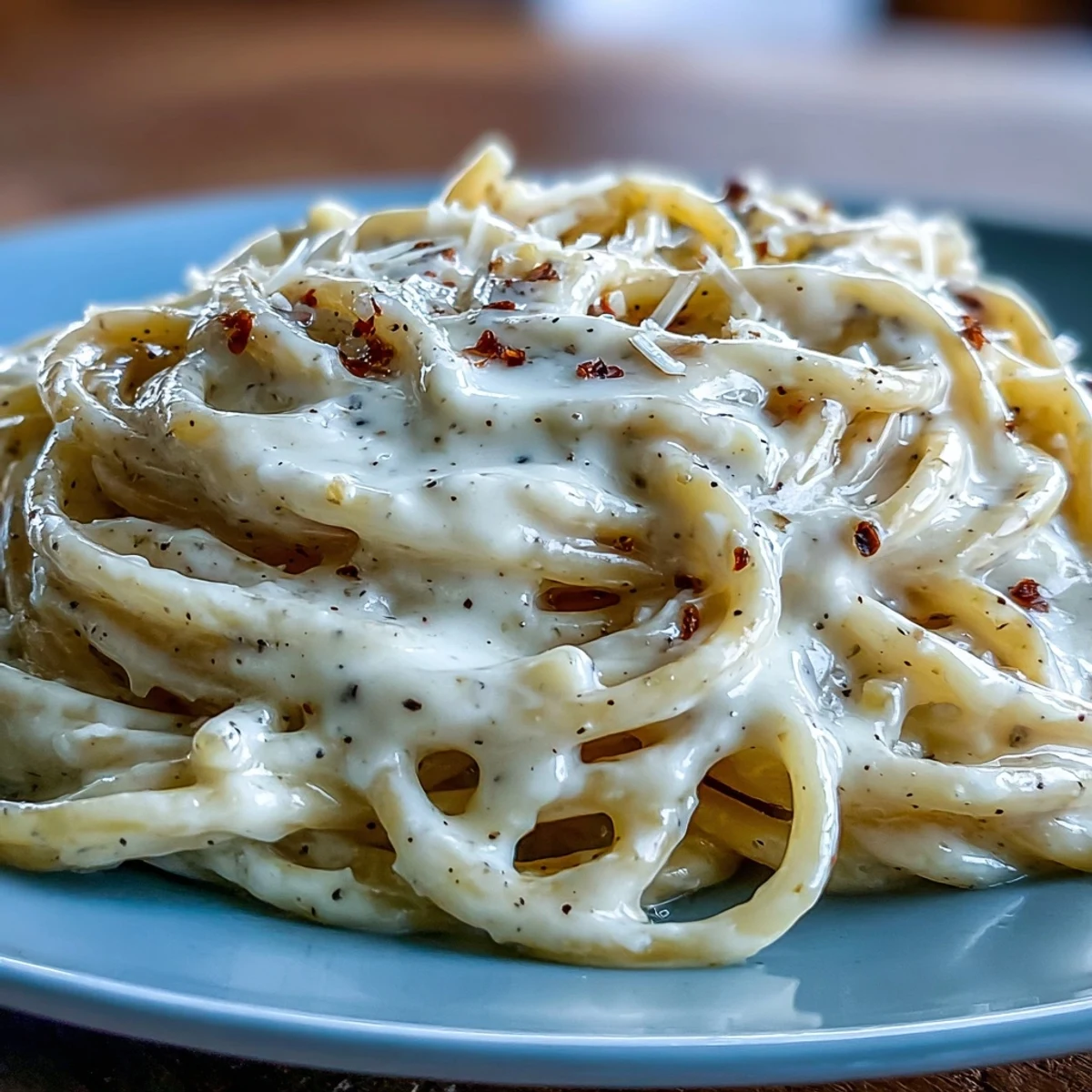Steaming strands of spaghetti tossed in a creamy Pecorino Romano sauce for Cacio e Pepe, ready to serve.