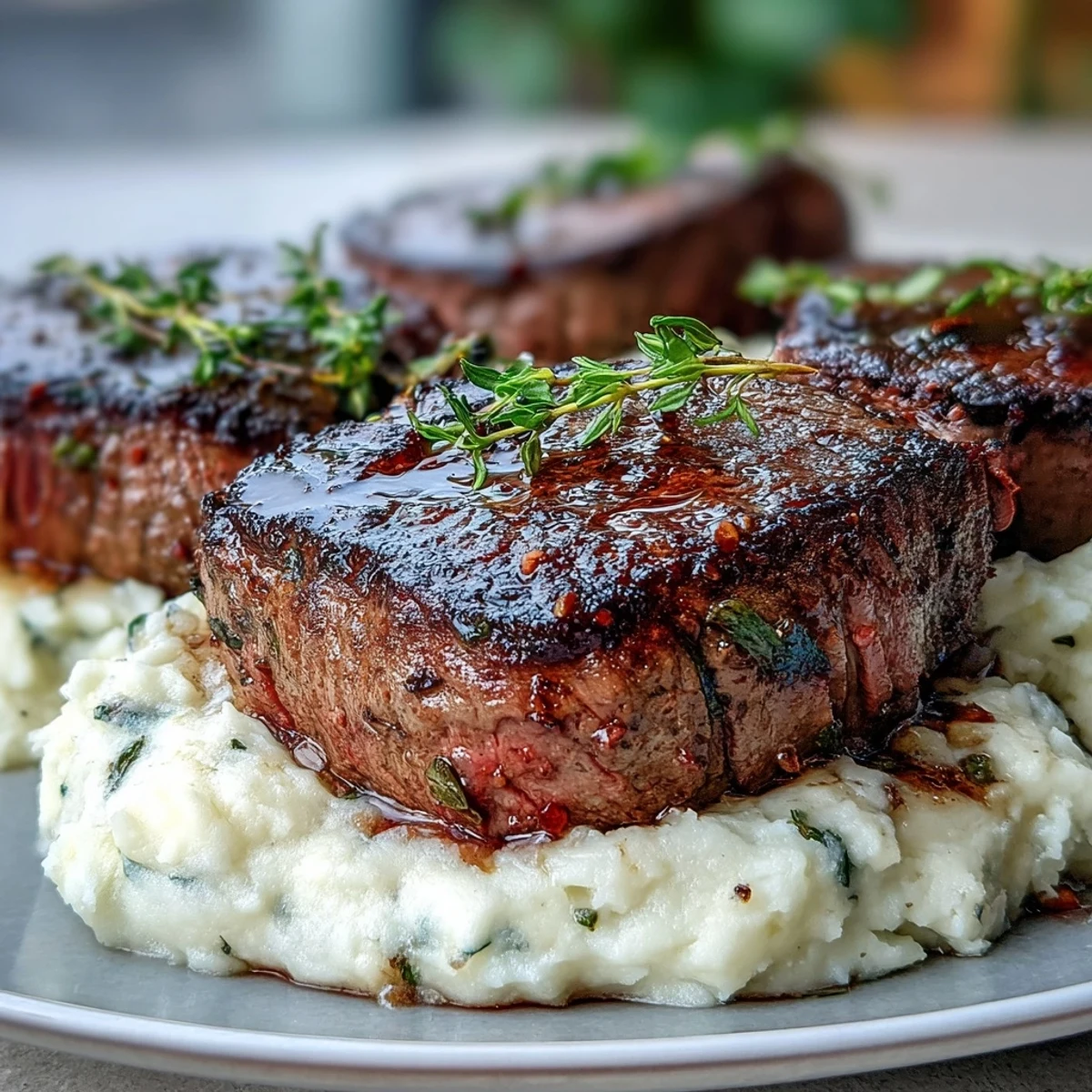 Golden-brown venison steaks with a seared crust sit atop creamy swede mash flecked with caraway seeds.