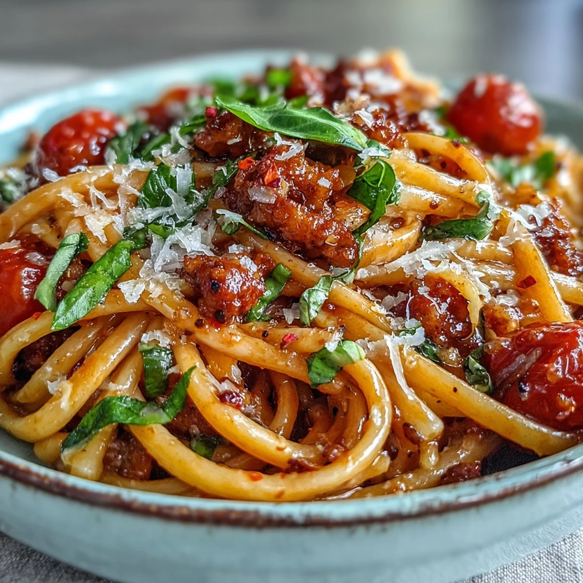 Italian Drunken Noodles are plated in a white bowl, steaming with a rich Chianti tomato sauce, torn basil, and grated Parmesan.