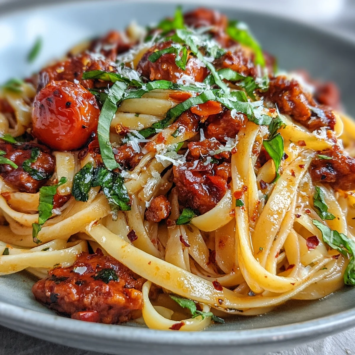 A close-up of Italian Drunken Noodles, highlighting glossy sauce, fresh basil, and optional shrimp, served with lemon wedges and extra Parmesan.