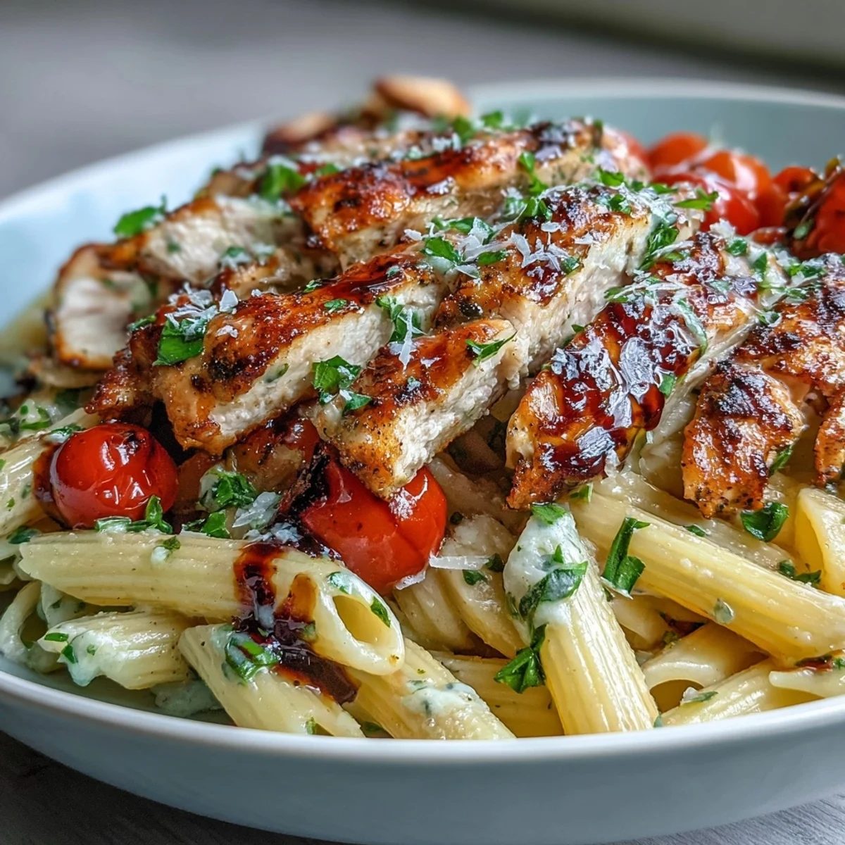 Juicy seared chicken, al dente penne, and melted mozzarella in Bruschetta Chicken Pasta, topped with fresh basil and Parmesan.