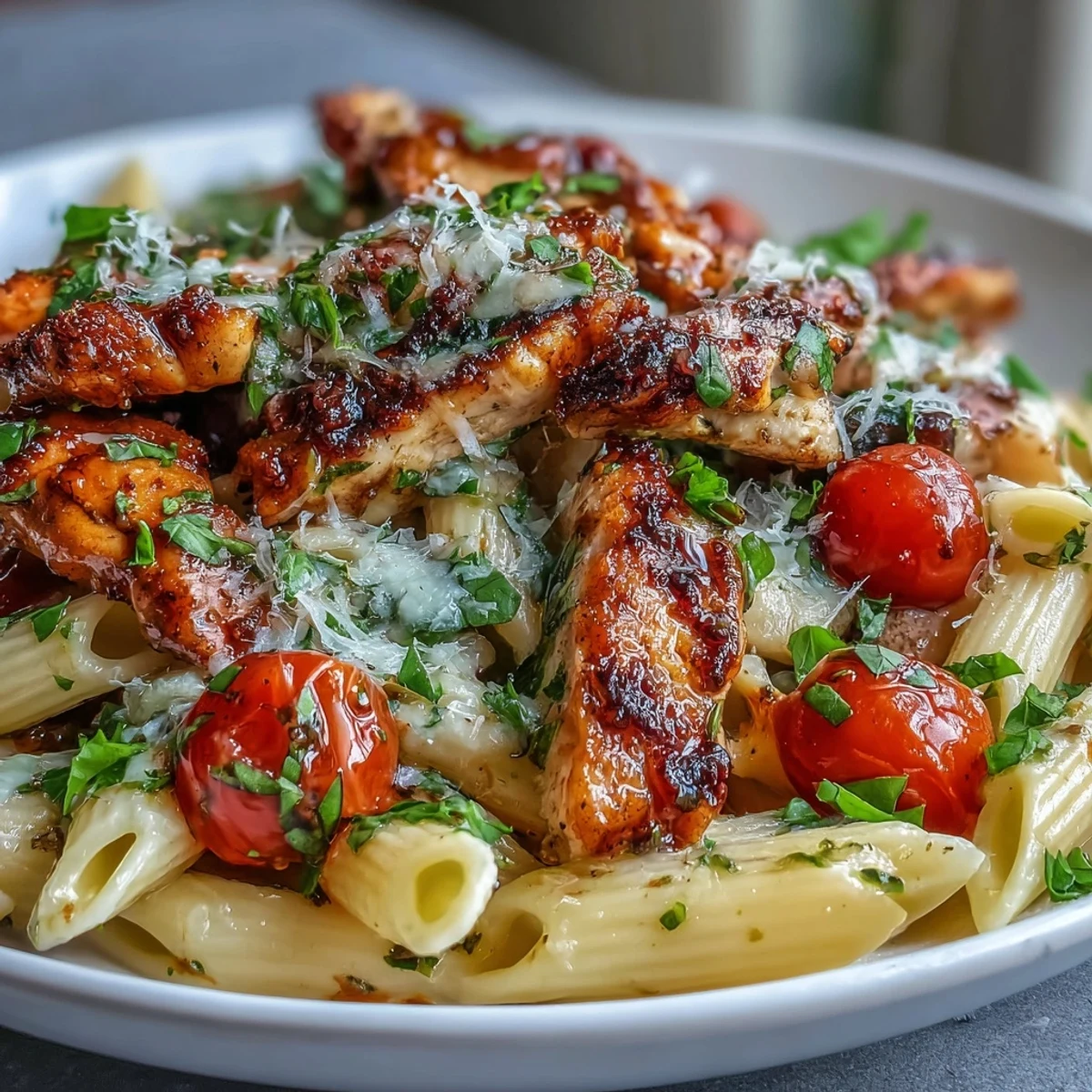 Heirloom cherry tomatoes burst in a balsamic glaze over golden Bruschetta Chicken Pasta, served family-style with crusty bread.