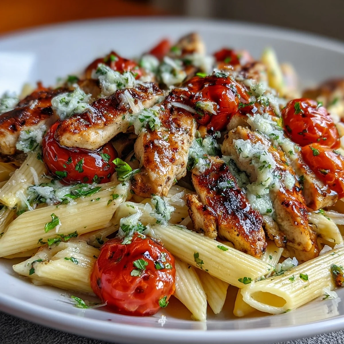 Bright basil and mozzarella tossed with tender chicken in Bruschetta Chicken Pasta, finished with olive oil and black pepper.