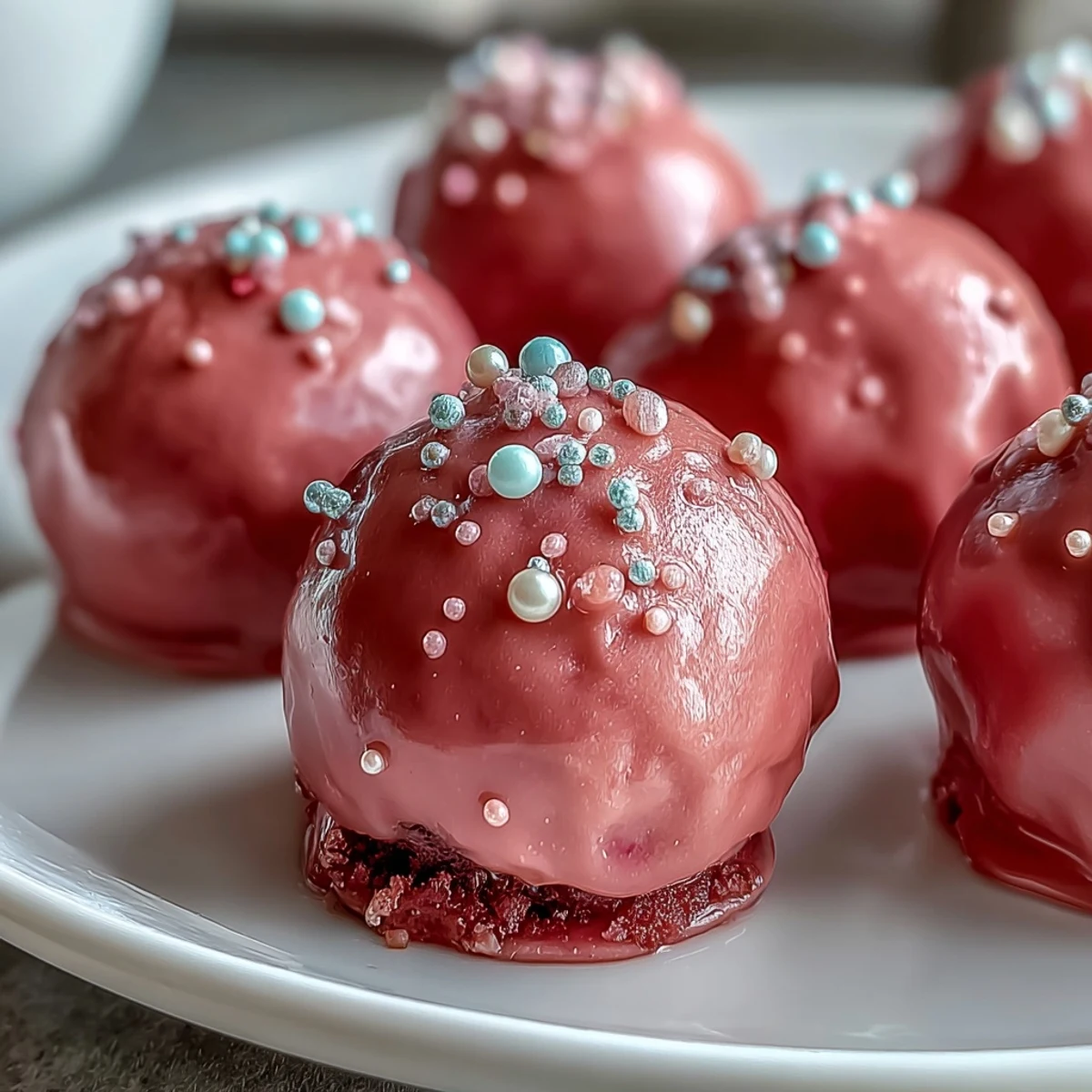 Chilled Oreo Truffle Balls are dipped into smooth pink candy melts and finished with festive sprinkles.