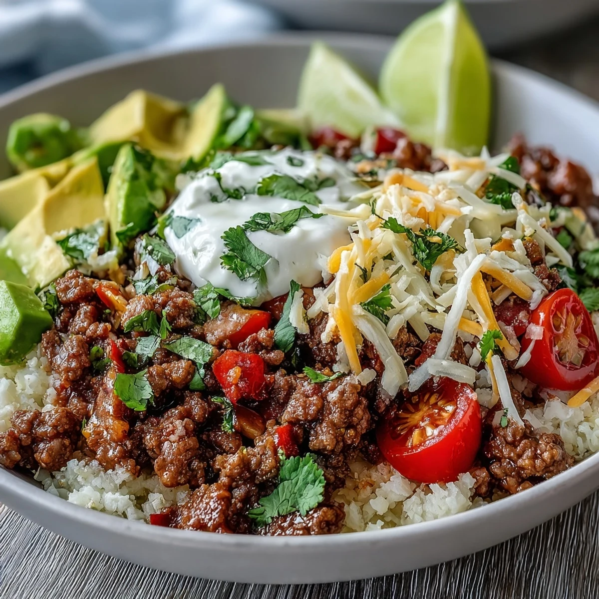 Fresh lime wedges rest beside creamy avocado and shredded cheese in this vibrant Low Carb Burrito Bowl.