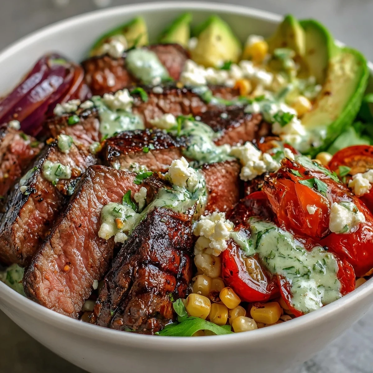 Perfectly grilled steak slices and charred corn fill a bowl with creamy avocado, red onion, and cherry tomatoes, all drizzled with vibrant green cilantro cream sauce.