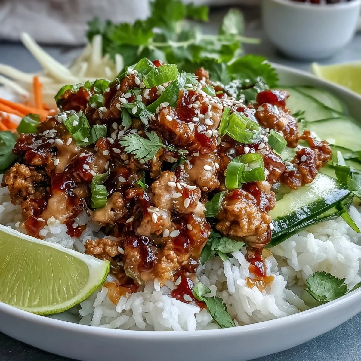 Bang Bang Ground Turkey Rice Bowls feature tender turkey in tangy chili-mayo sauce over fluffy rice with crunchy carrots, cucumbers, and cabbage.