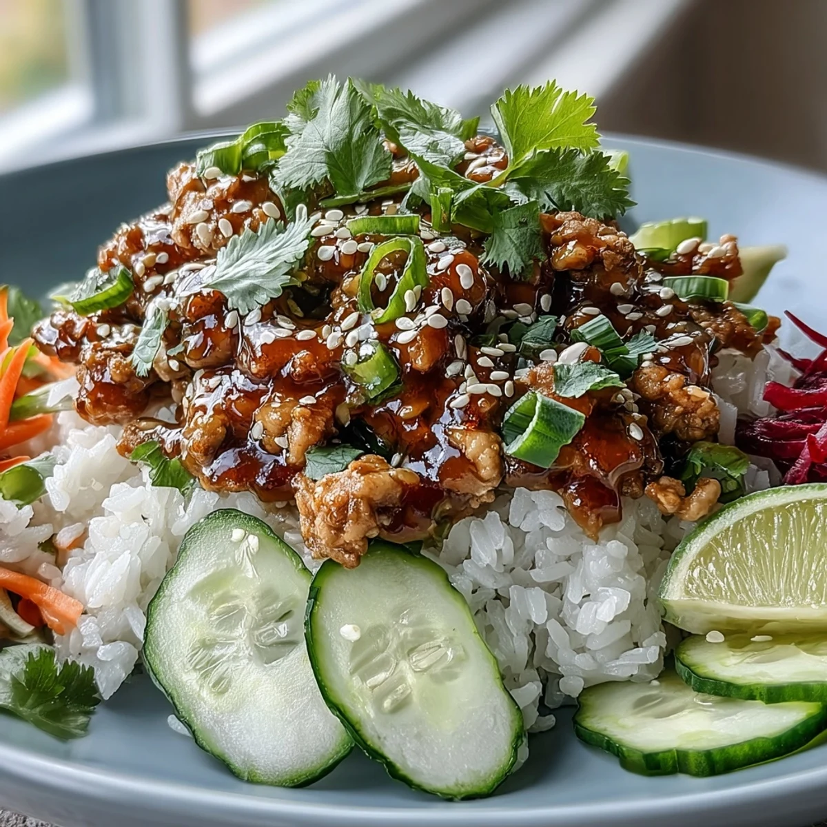 Spicy and sweet Bang Bang Ground Turkey Rice Bowls with colorful shredded vegetables, ready for a quick and easy weeknight family dinner.
