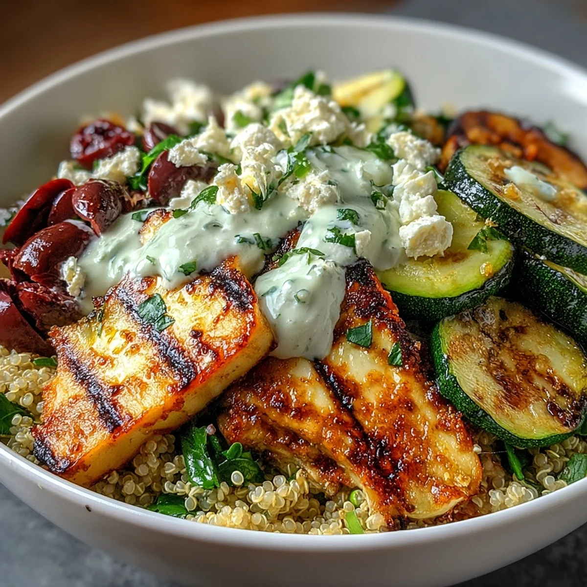 Golden-brown grilled chicken and charred Mediterranean vegetables sit atop fluffy quinoa in a Healthy Grilled Mediterranean Bowl, finished with creamy tzatziki and feta.