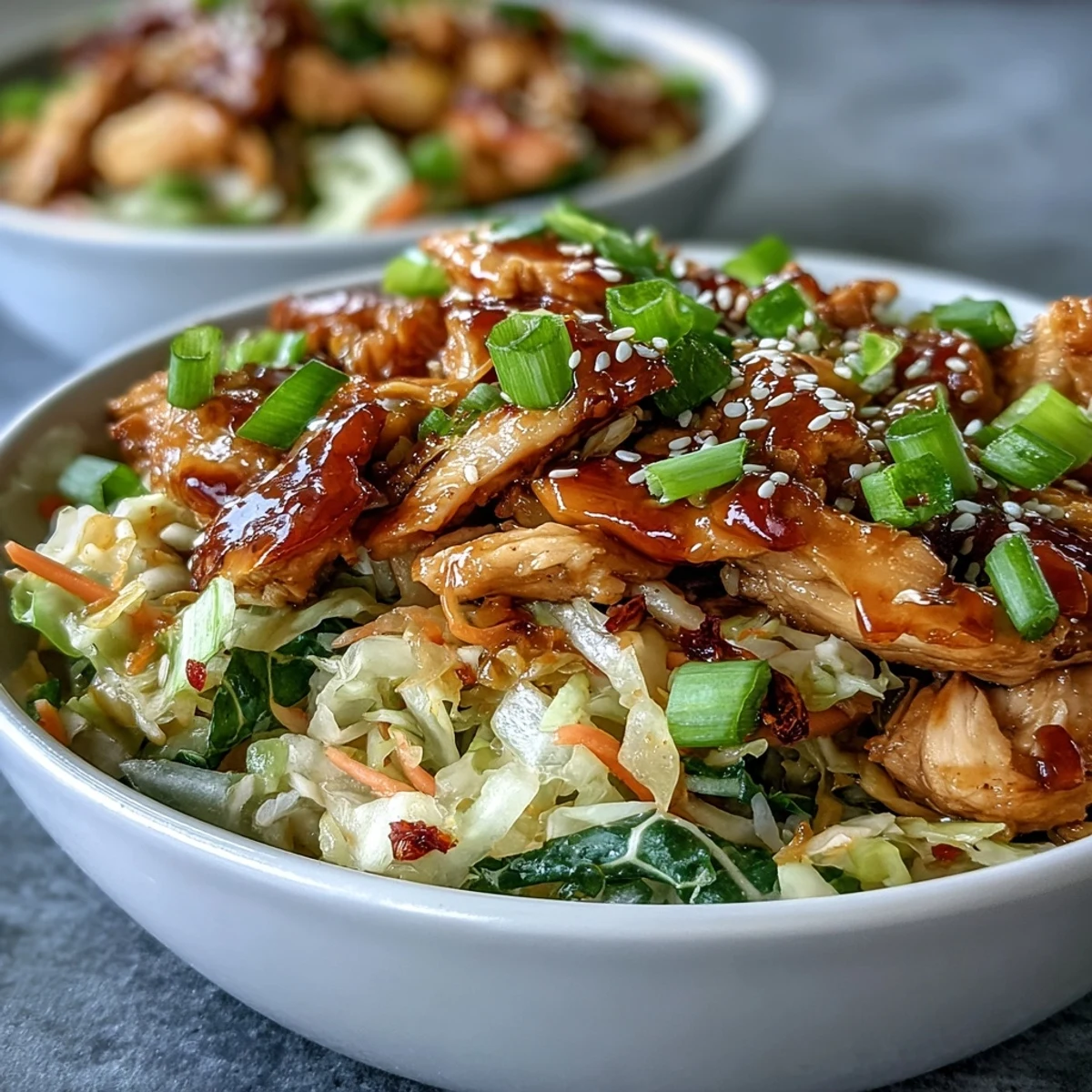 A steaming skillet of freshly cooked Egg Roll Bowls with Chicken and Cabbage, showcasing sautéed cabbage, carrots, and savory chicken chunks.