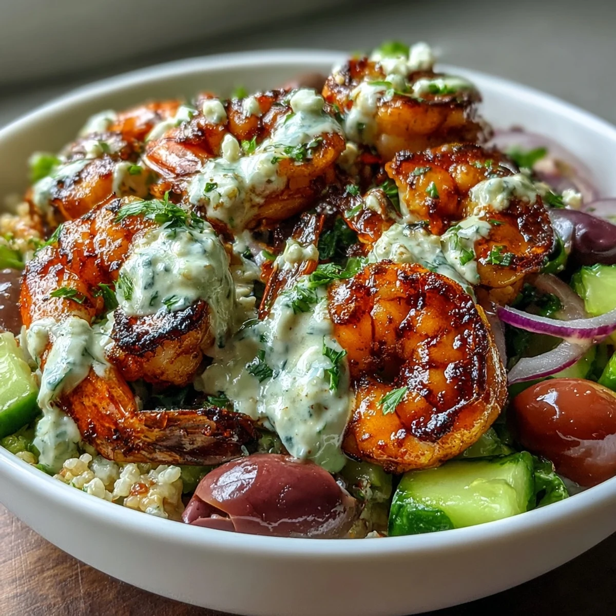 Mediterranean Shrimp Bowl with grilled shrimp over greens and olives, garnished with parsley and lemon wedges.
