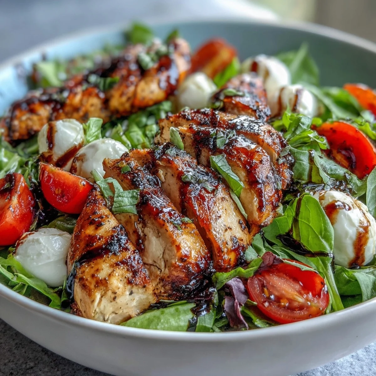 Grilled chicken slices topped with mozzarella, tomatoes, and basil, drizzled with balsamic reduction over a bed of greens in a Caprese Chicken Bowl.
