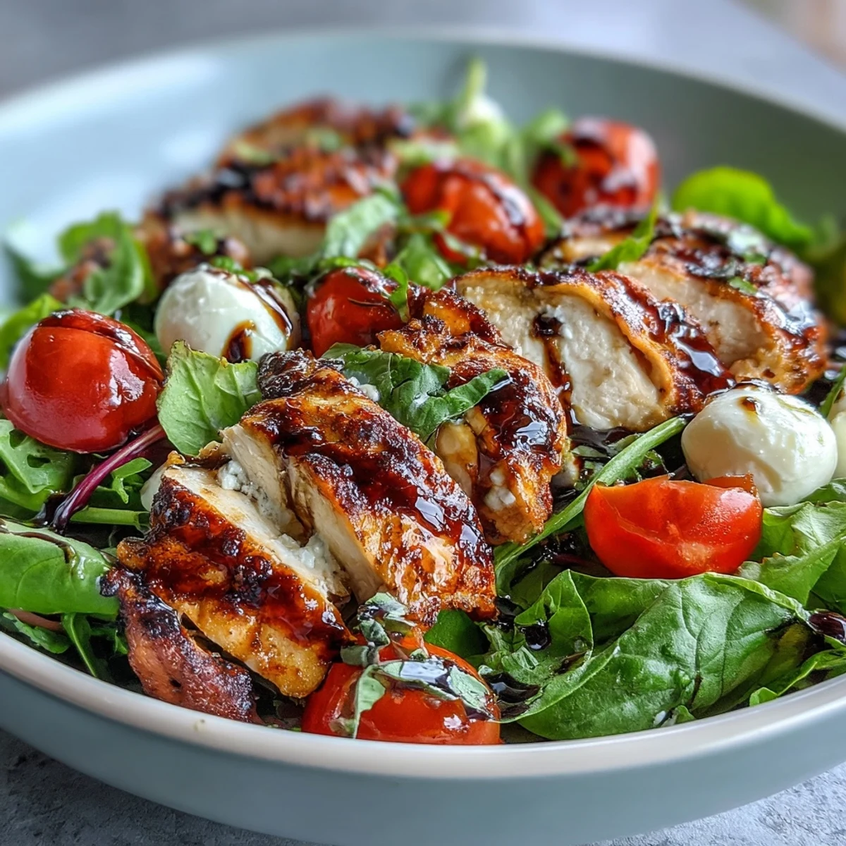 A close-up of the Caprese Chicken Bowl, highlighting juicy grilled chicken, creamy mozzarella, and vibrant cherry tomatoes garnished with fresh basil leaves.