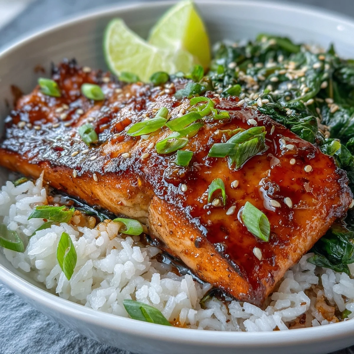 A close-up of a Miso Glazed Salmon Bowl, featuring glossy, caramelized salmon over steaming jasmine rice and vibrant sautéed spinach.