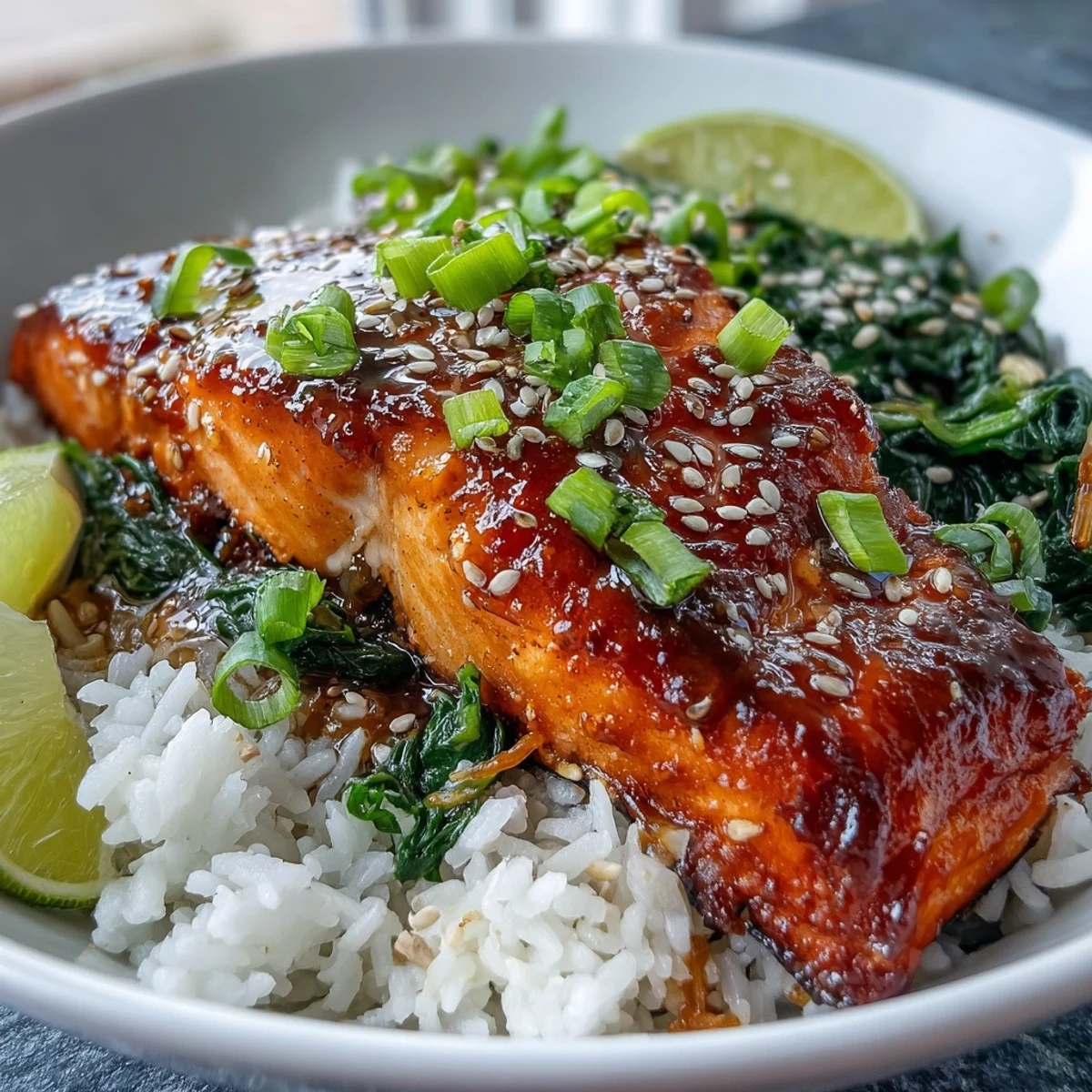 The Miso Glazed Salmon Bowl presents succulent fillets atop fragrant rice, with wilted spinach and optional nori strips for a nourishing meal.