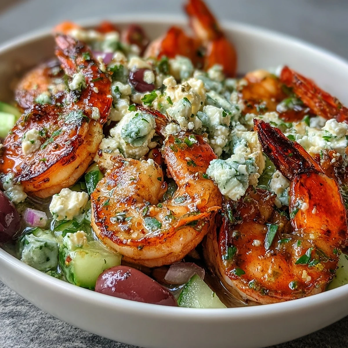 Colorful Greek Shrimp Bowl featuring juicy tomatoes, crisp cucumber, and tender grilled shrimp, ready for a quick weeknight dinner.
