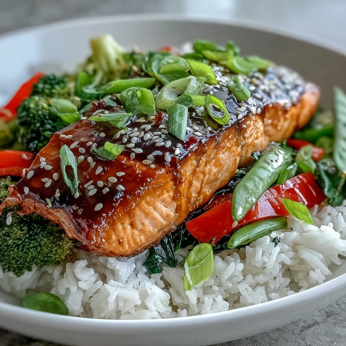 Golden-brown teriyaki salmon fillets glazed in sticky sauce over fluffy rice and colorful stir-fry vegetables.