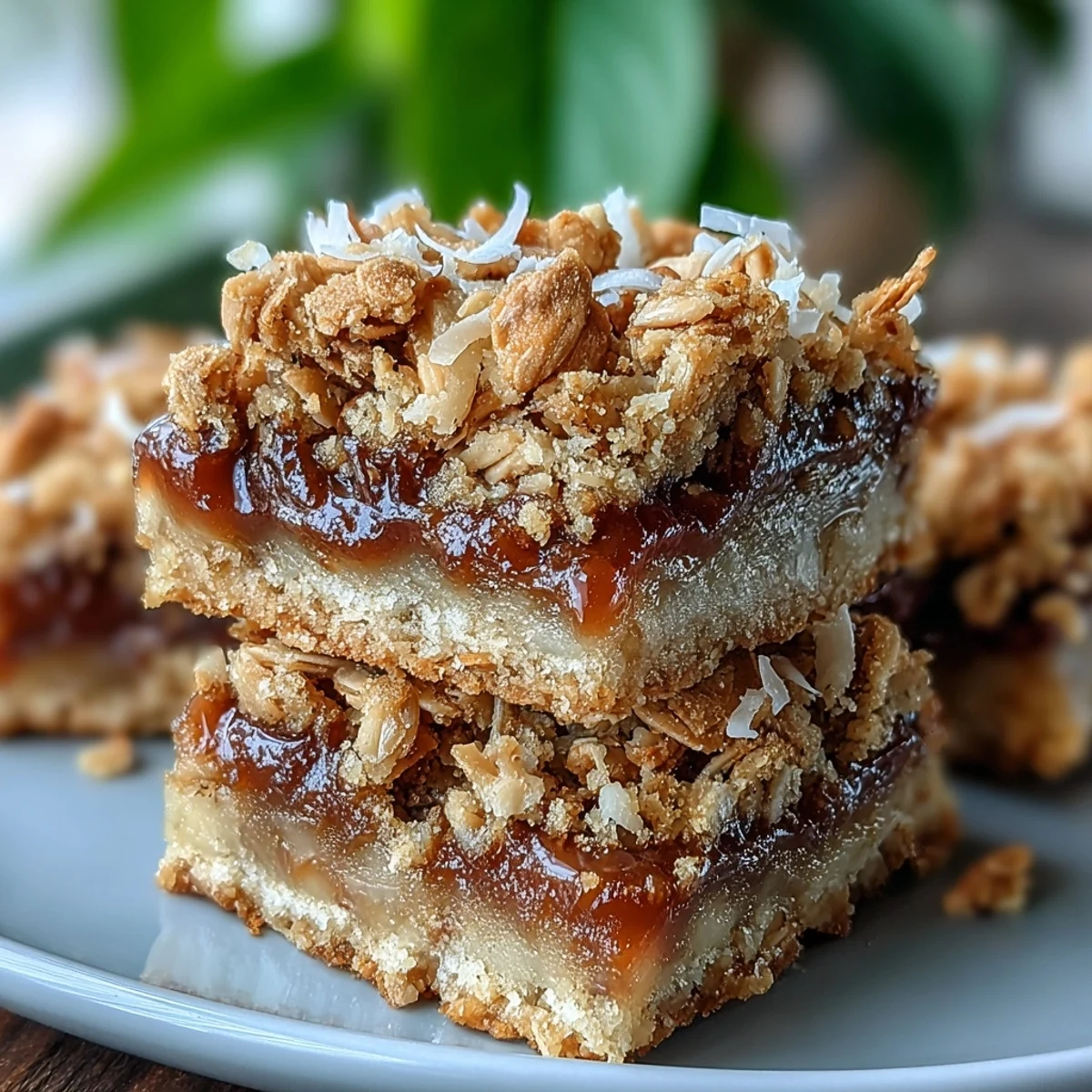 Cut squares of Guava Jam Bars showing sticky guava jam layer and toasted coconut crumble.