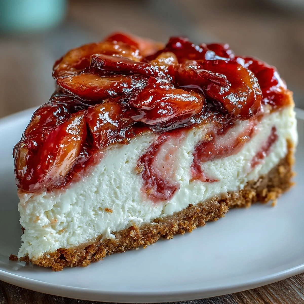 No-bake Easy Guava Swirl Cheesecake with a golden biscuit crust and vibrant pink fruit ribbons. 