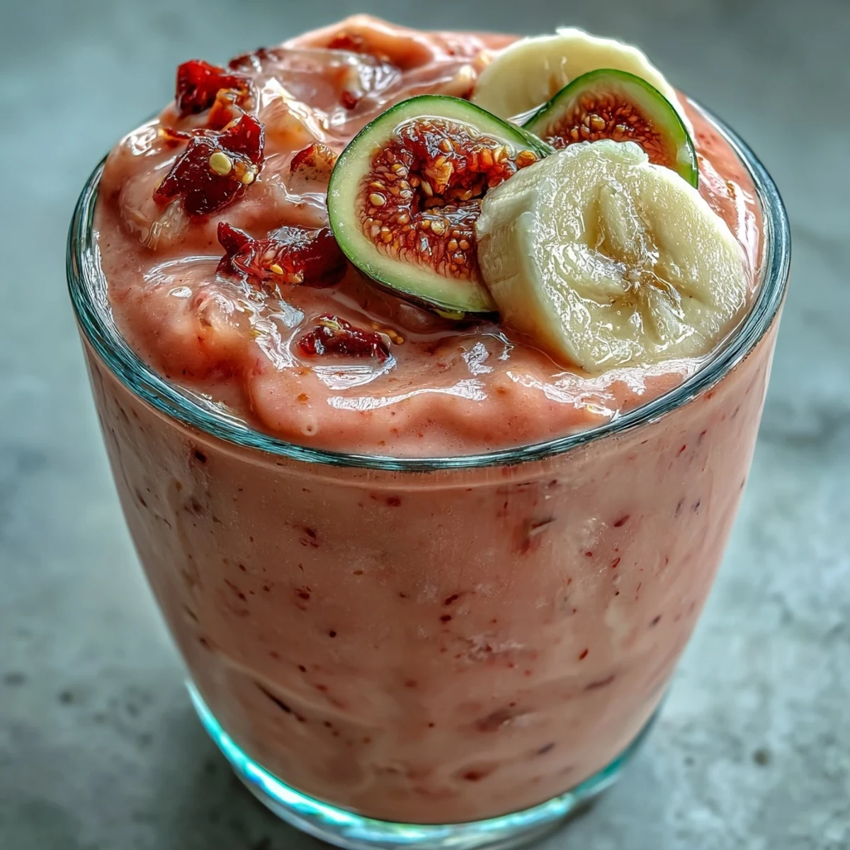 Blended Guava Banana Smoothie with ice cubes for a refreshing, tropical flavor, poured into a clear drinking glass.