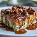 Creamy Guava Caramel Bread Pudding With Pecans in a white baking dish, featuring golden brioche cubes, rosy guava swirls, and crunchy toasted pecans on the crust.