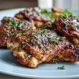 Golden roasted chicken with crispy skin, surrounded by tender baby potatoes and fresh herbs, a classic lemon-infused main course.