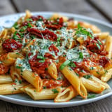 Velvety Creamy Tomato Basil Pasta dish with fresh basil garnish.