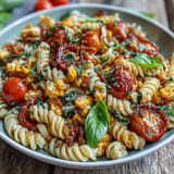 Colorful Summer Corn and Tomato Pasta Salad, perfect for a refreshing potluck side.
