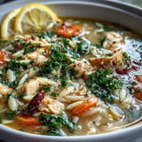 A steaming bowl of Mediterranean Lemon Chicken Soup with tender orzo and aromatic herbs.