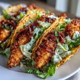 Juicy fried chicken piled high in crunchy smashed tacos, drizzled with dressing.