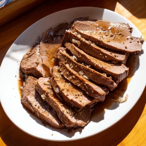 Tender Budget Holiday Chuck Roast, falling apart, bathed in savory juices with carrots.
